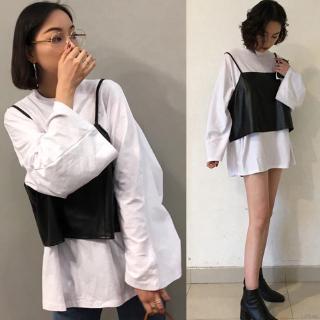 Áo thun nữ tay dài phối vải da cá tính