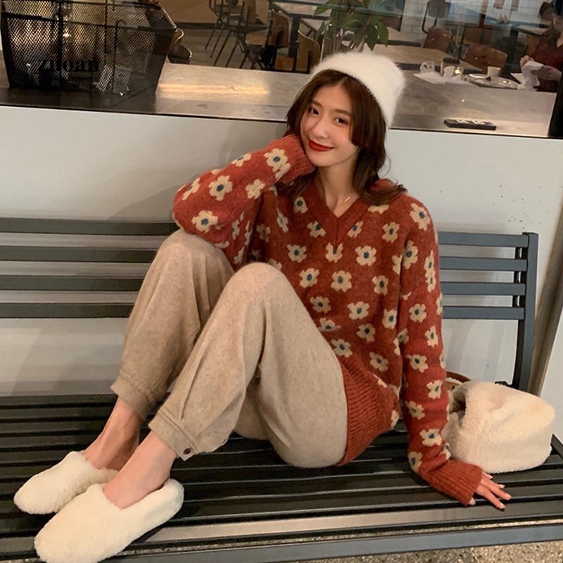 SUXI Áo sweater cổ chữ v tay dài dáng rộng thời trang cho nữ