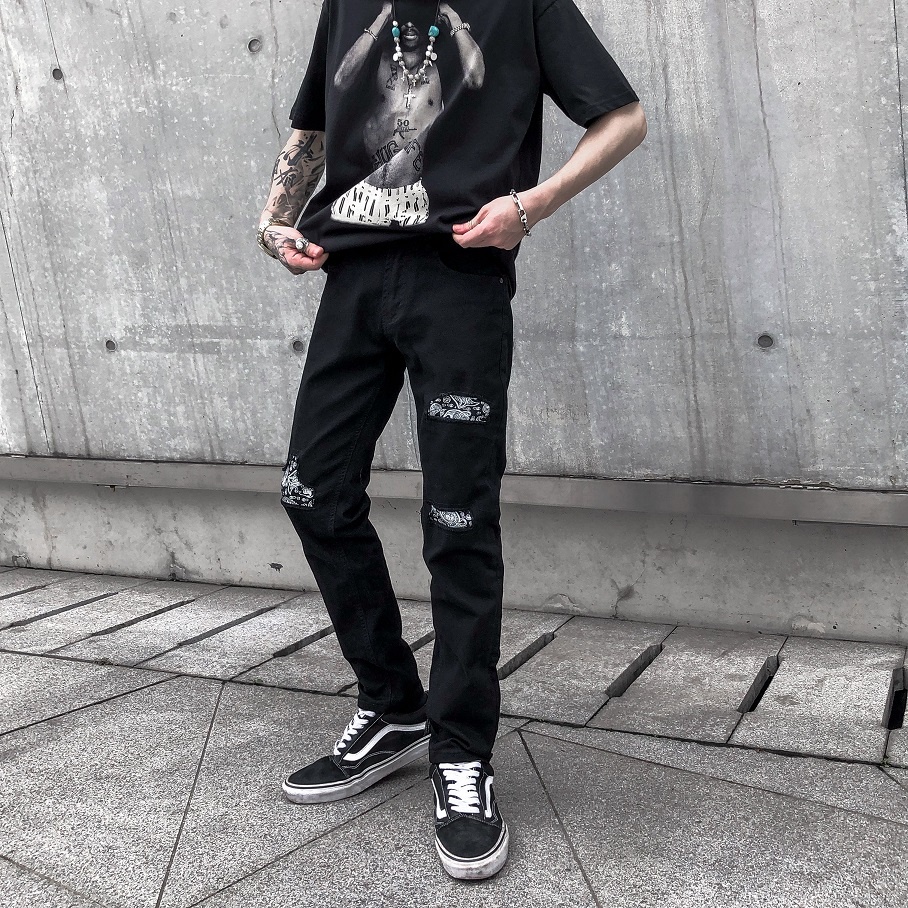 Quần Jeans Rách gối Bandana phong cách đường phố, Quần bò nam phong cách Streetwear