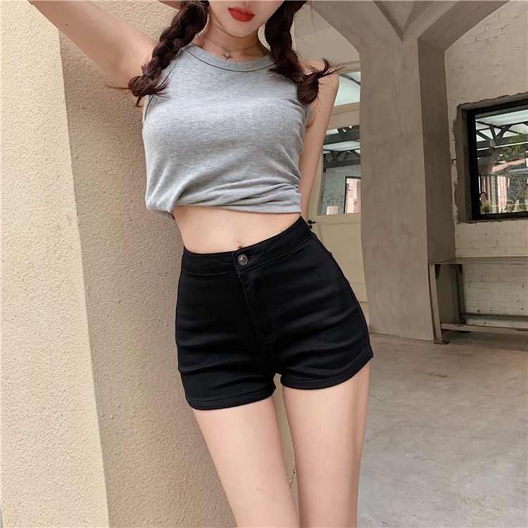 SUXI Quần Short Denim Lưng Cao Có Túi Màu Sắc Đơn Giản Dễ Phối Đồ Cho Nữ
