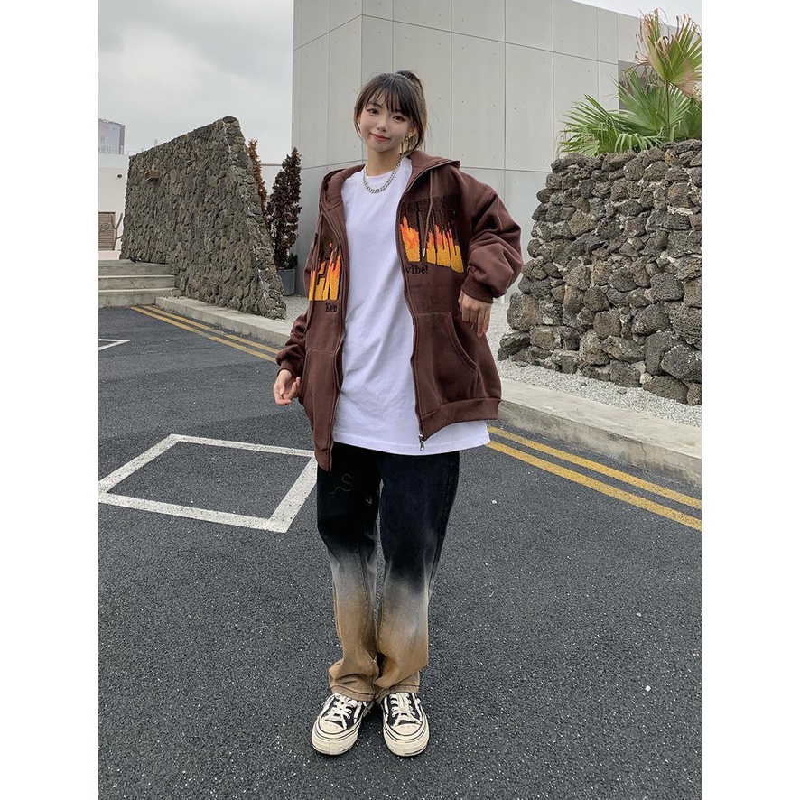 Quần jean ống rộng màu gradient phong cách hip hop dành cho nữ