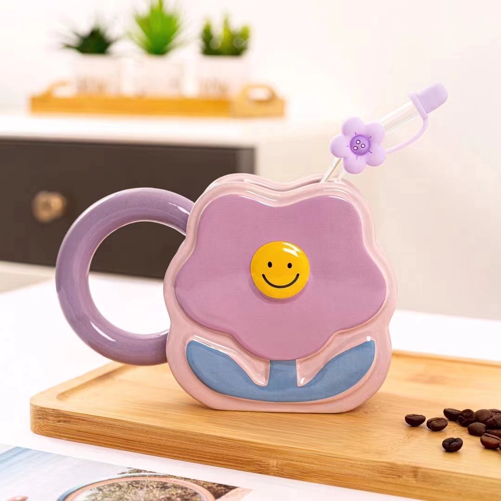 Cốc Uống Nước Bằng Gốm Sứ Cao Cấp Họa Tiết Hoa Dễ Thương