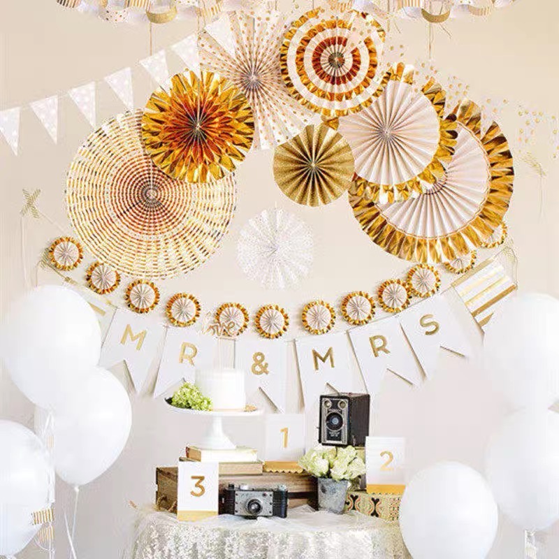 Quạt giấy trang trí sinh nhật thôi nôi phòng cưới decor treo tường bộ 6 cái HAPPYKID QGTTSN