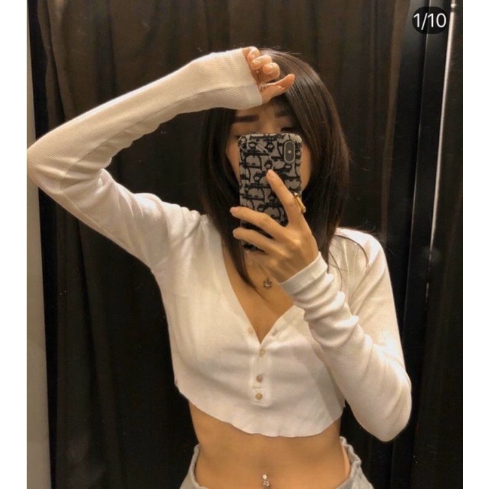 Áo croptop nữ tay dài , from ôm, freesize , thun porip mềm mịn