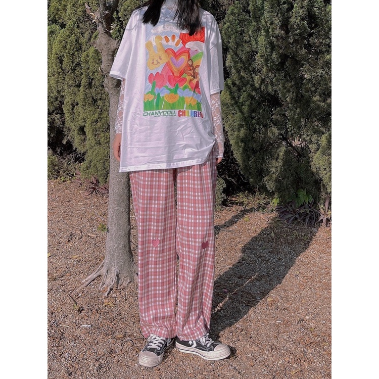 Quần dài ZHELIHANGFEI ZHELIHANGFEI ống rộng họa tiết sọc caro thời trang cho nữ