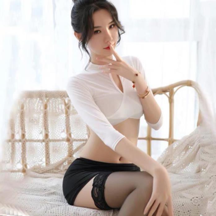 Đồ ngủ sexy cosplay nữ thư ký croptop gợi cảm quyến rũ + quần chip G string 😘 New | BigBuy360 - bigbuy360.vn