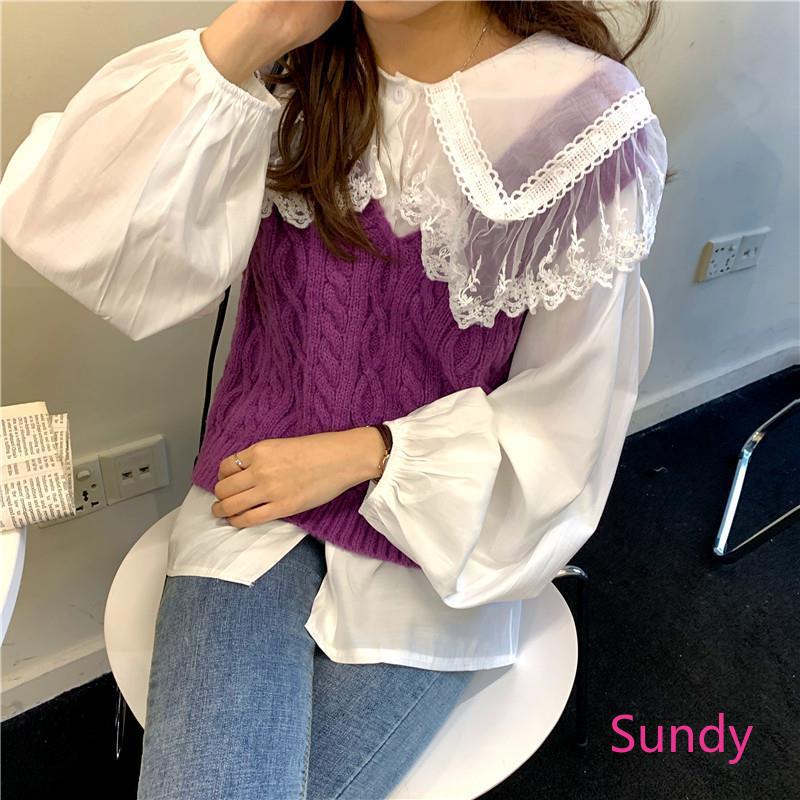 Set Áo Sơ Mi Tay Dài + Áo Len Không Tay Thời Trang Mùa Thu Cho Nữ