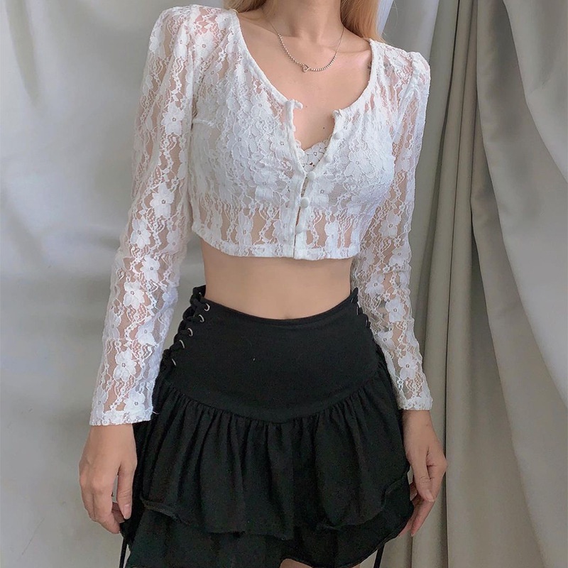 Áo croptop ren xuyên thấu tay dài cổ chữ V quyến rũ cho nữ