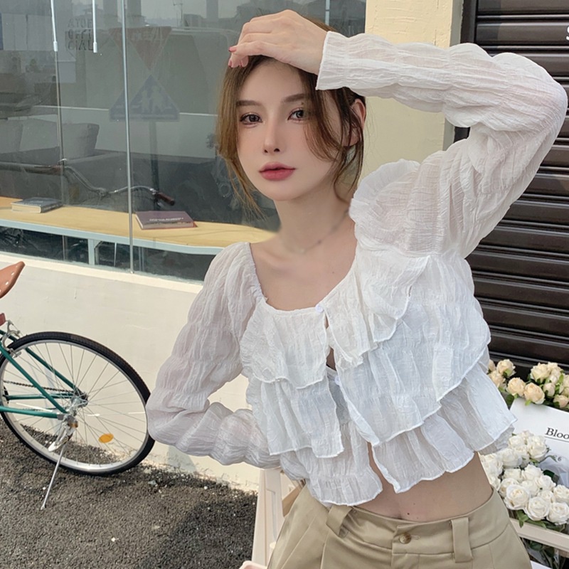 Áo Croptop Tay Dài Cổ Tròn Thời Trang Phong Cách Hàn Quốc Cho Nữ