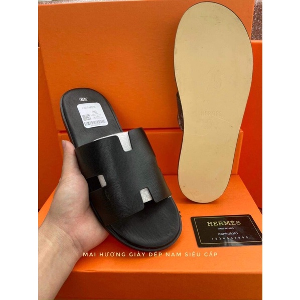 Dép hermes da thật siêu cấp . Dép nam quai ngang chữ h để cao su kèm hộp