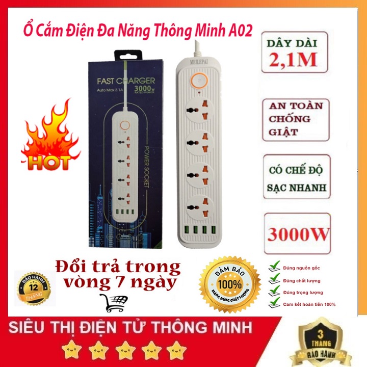 Ổ Điện Đa Năng Thông Minh, Cao Cấp A02, Chịu Tải 3000W - Auto Max 3.1A -An Toàn Chống Giật, Chống Cháy Nổ