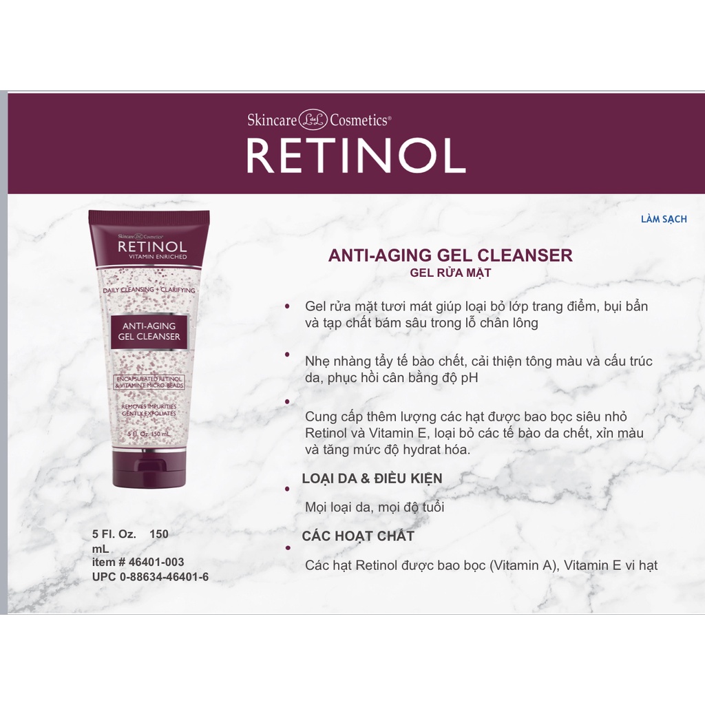 Gel rửa mặt Retinol sạch sâu, dưỡng da Retinol Anti-Aging Gel Cleanser