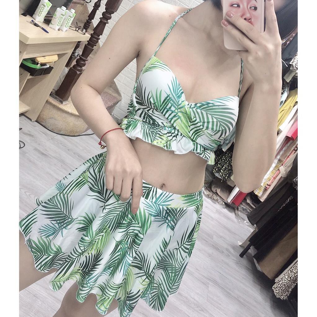 Bikini hai mảnh váy xòe 🏖️Freeship🏖️ họa tiết hoa lá lá cọ quần cạp cao mặc đi biển đi bơi mới nhất  ྇