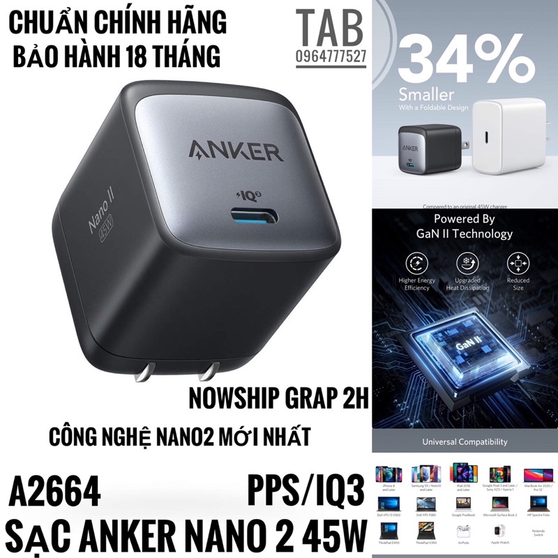 Củ Sạc Anker NANO 2 45w IQ 3.0 và PD/PPS - A2664 (Bảo Hành 18T)