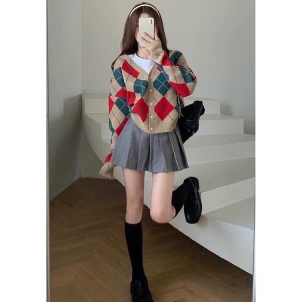 Áo len cardigan kẻ ô trám Quảng Châu khoác len kiểu dáng Hàn Quốc cao cấp cho nữ