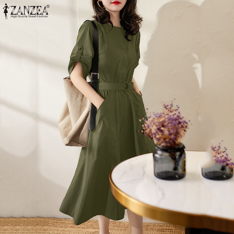 Đầm ZANZEA tay ngắn cổ tròn màu trơn phong cách retro thời trang dành cho nữ