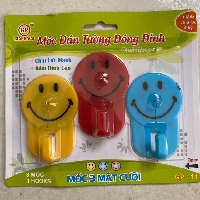 Set 3 móc dán tường mặt cười có Đinh đóng chịu lực