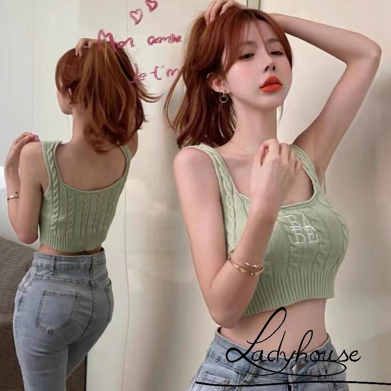 Ldd-áo Ba Lỗ Đan Móc Mỏng Vừa Vặn Cổ Chữ U Thêu Chữ Màu Xanh Lá / Trắng / Đỏ / Đen Cho Nữ