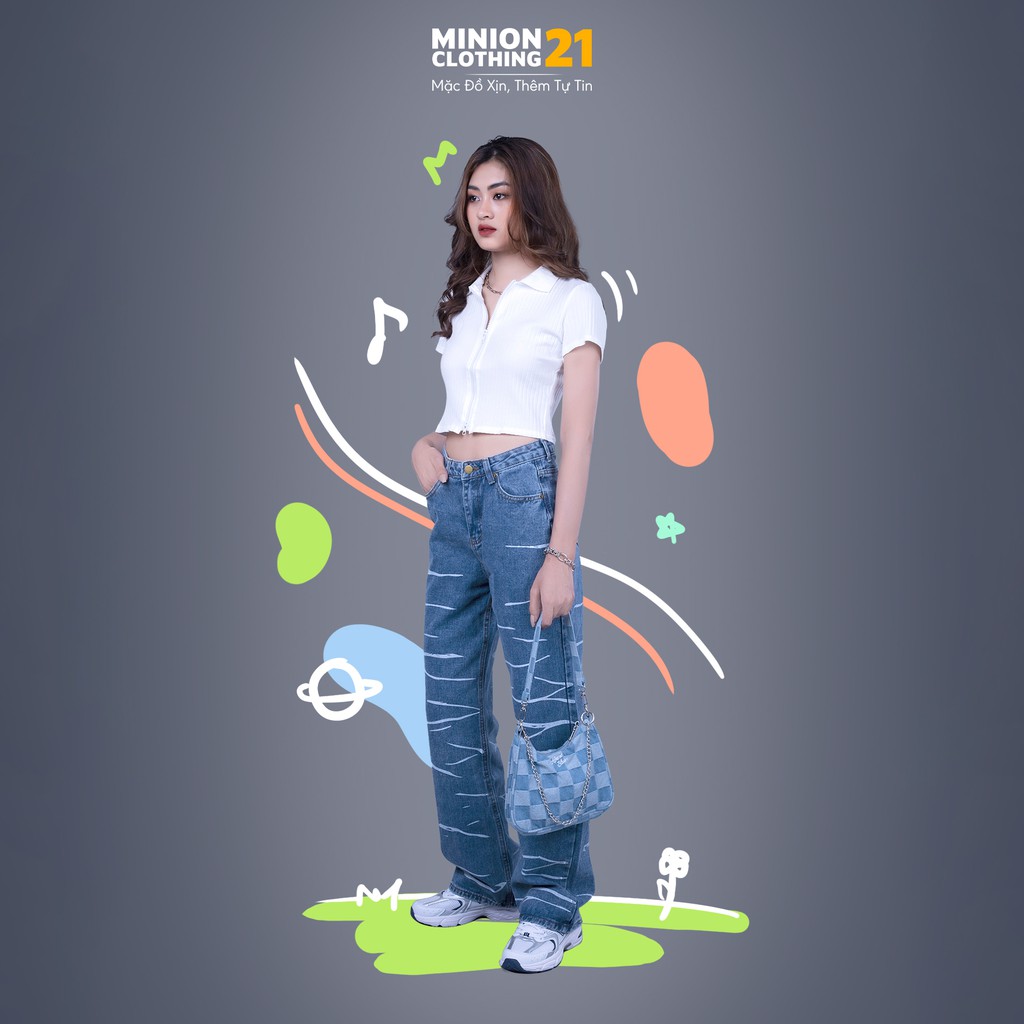 Quần jeans ống rộng MINION CLOTHING lưng cạp cao quần bò nữ Ulzzang Streetwear Hàn Quốc chất jean dày Q8605
