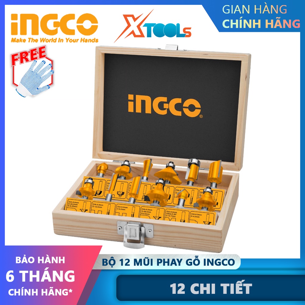 Bộ 12 mũi phay gỗ INGCO AKRT12141 bộ dao phay gỗ 12 chi tiết Đường kính mũi 6.3mm, cắt, khoan, đục vật liệu kim loại, gỗ