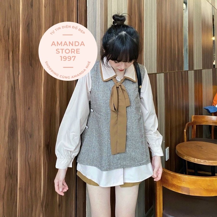 {Amanda}Set áo sơ mi dài tay kèm yếm nâu cổ sen buộc nơ thời trang chất dày dặn. Có thể tách rời 2 sản phẩm