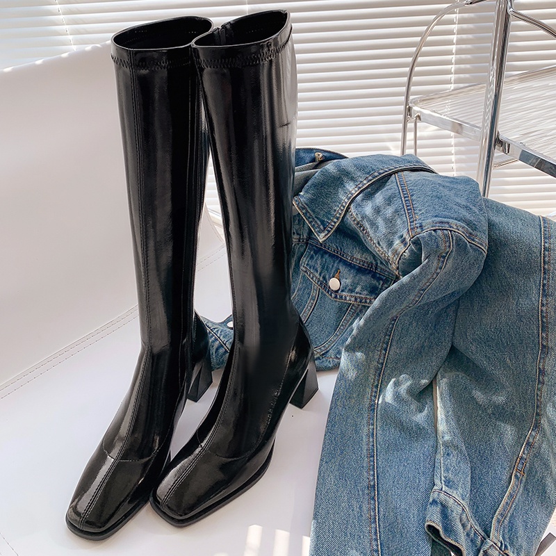 Giày boots cao gót cổ lửng ôm bắp chân nhỏ mũi vuông thon gọn da bóng da lì 7cm khóa bên
