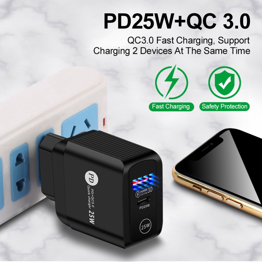 Củ sạc điện thoại nhanh 2 cổng 25W Củ sạc nhanh iPhone và Android 2 cổng sạc typec và usb bộ sạc nhanh