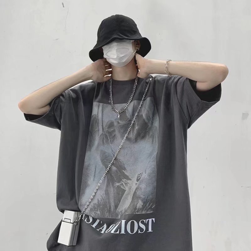 Áo Thun Tay Ngắn Cổ Tròn Dáng Suông Thời Trang Hè Phong Cách Hip Hop Hàn Quốc Cho Nam Size M-5XL