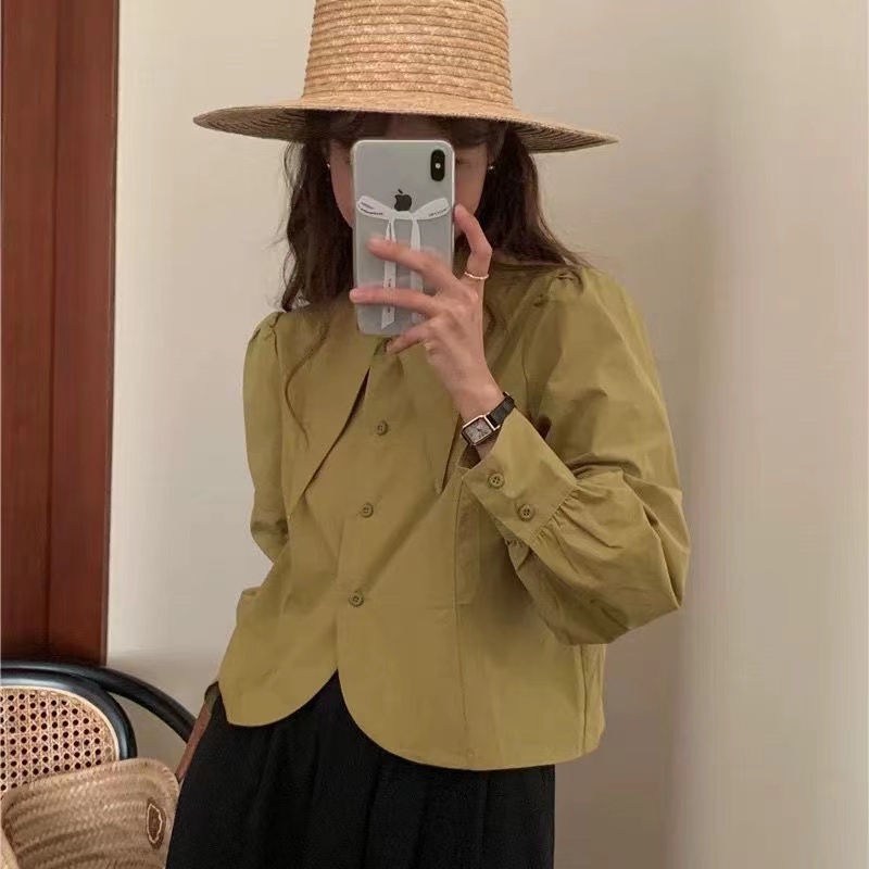 Áo Sơ Mi Nữ Tay Dài Dáng Rộng Cổ Bẻ Phong Cách retro Thời Trang