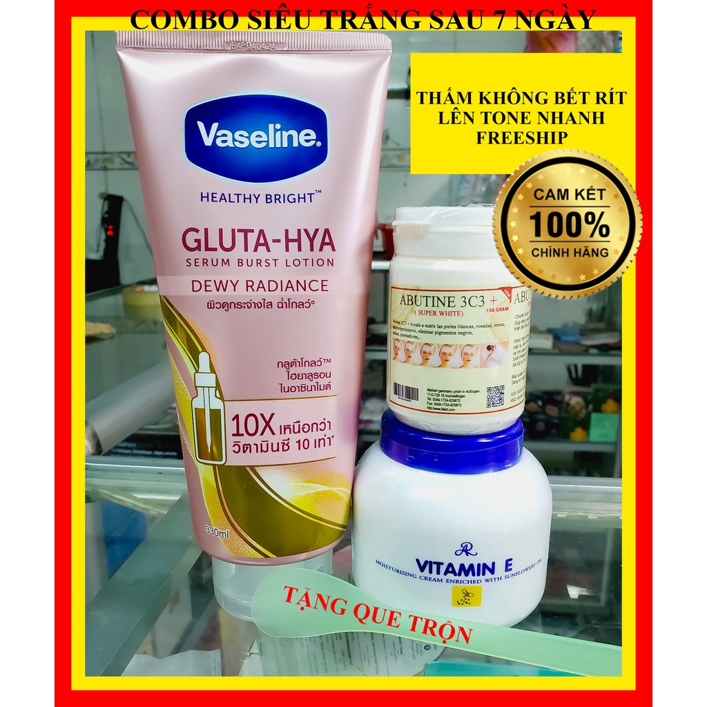 Bộ 3 Combo trộn Siêu trắng Vaseline 10x + Vitamin E + Kích trắng 3c3 Abutine 150gr tặng kèm que trộn