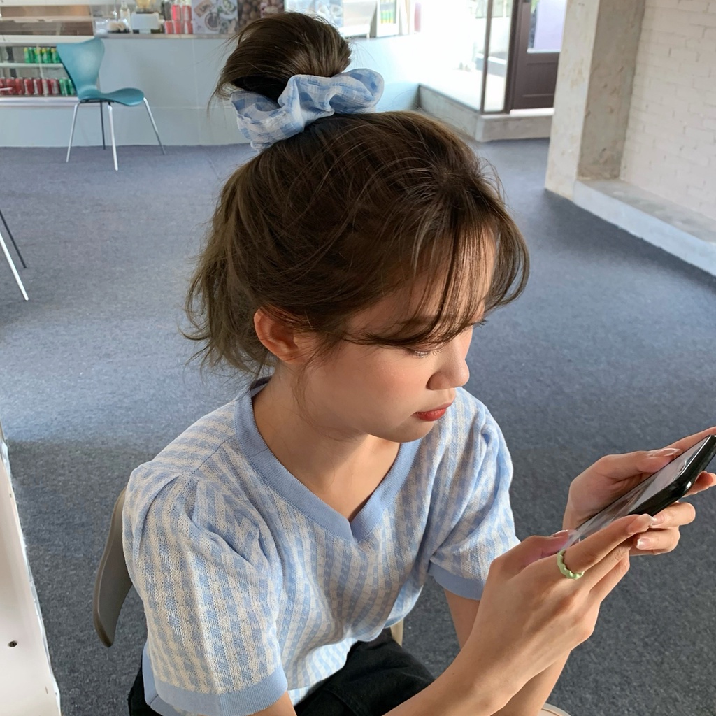 Cột Tóc Scrunchies LIN Họa Tiết Màu Xanh