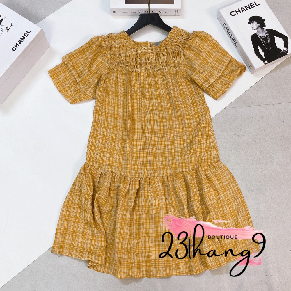 Đầm babydoll váy tay bồng sọc caro màu vàng cổ tròn dáng midi sang trọng đi tiệc đi chơi đi biển 23thang9 boutique
