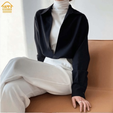 Áo kiểu len HAPPY HOMLIV cổ lọ chữ V sâu kiểu áo sơ mi công sở phong cách Hàn Quốc thời trang thu đông cho nữ
