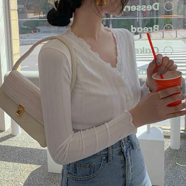 Áo Croptop Dài Tay Viền Bèo - Áo Kiểu Cổ V Tay Dài Nữ LaCa A5-1