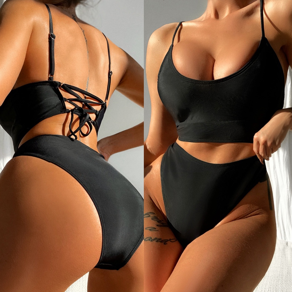 [BKN1613] &lt;ÂU&gt; SET BIKINI ĐEN BASIC ĐAN DÂY LƯNG (CẠP CAO)