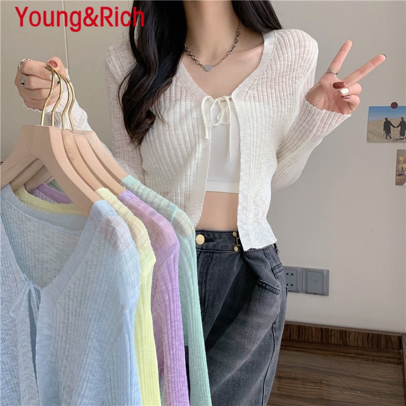 Y & R Áo Khoác Cardigan Ngắn Mỏng Mùa Hè Có Dây Buộc Cổ Chữ V Phong Cách Mới Cho Nữ