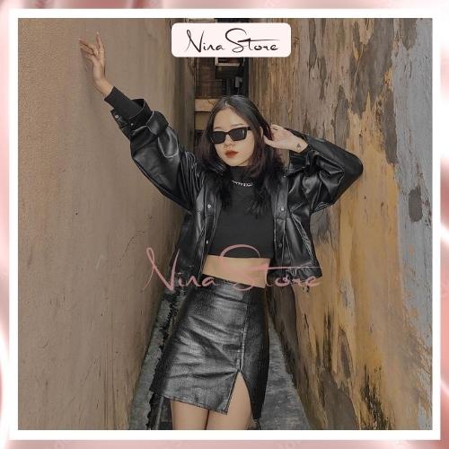 Áo khoác da croptop nữ đen - Áo khoác da nữ màu đen dáng ngắn, dài tay, cúc bấm phong cách cá tính Hàn Quốc NinaStore