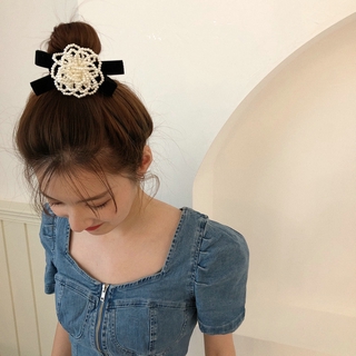 Nơ cài tóc đính ngọc trai giả phong cách Retro