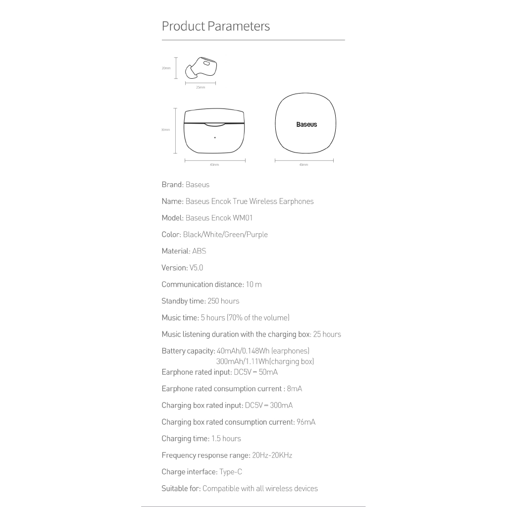 Tai Nghe Không Dây Baseus WM01 Mini TWS Bluetooth 5.0 Cho Iphone Xiaomi