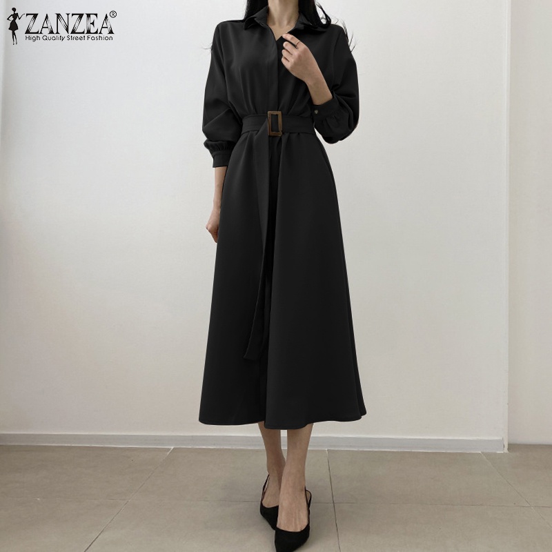 Đầm Zanzea tay dài cài nút có thắt lưng màu trơn phong cách cổ điển thanh lịch