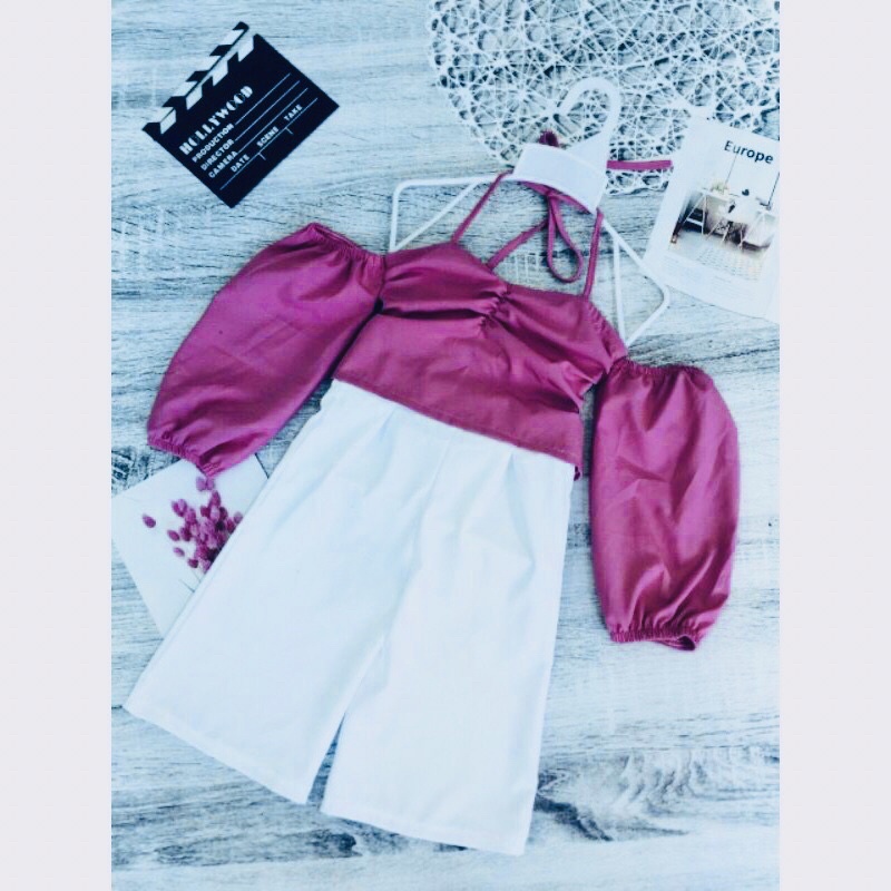 Set áo trễ vai dây yếm đằng sau có nhún co giã cho bé điệu đà quấn ống xuông cho bé gái