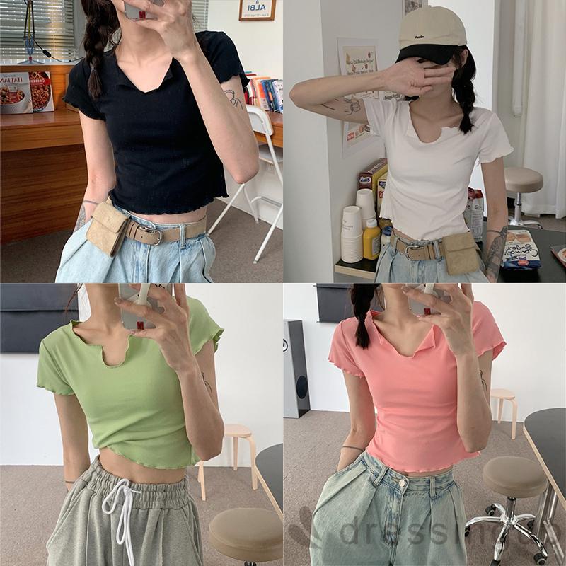 Áo Croptop Tay Ngắn Cổ Chữ V Màu Trơn Đơn Giản Phong Cách Croptop Màu Đen / Xanh Lá / Hồng / Trắng Cho Nữ