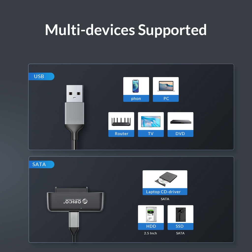 Orico Cáp Chuyển Đổi USB Sang SATA Cho Ổ Cứng 2.5 Inch SSD HDD SATA III Hỗ Trợ UASP Samsung Seagate Toshiba