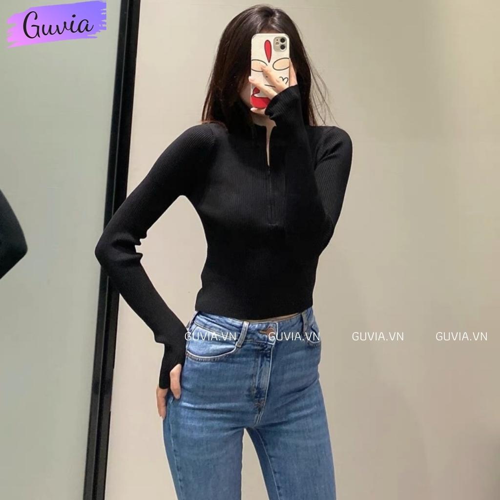 Áo Croptop Tay Dài CỔ CAO DÂY KÉO Thun Gân Ôm Body Sexy Ulzzang GUVIA