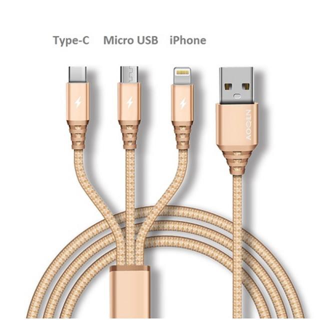 Cáp sạc 3 đầu dây dù lightning, type C và microUSB, dây sạc điện thoại đa năng, dây sạc xe hơi tiện lợi