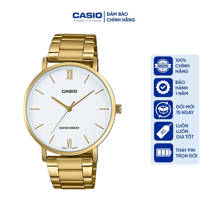 Đồng hồ Nam Casio MTP-VT01G-7B, đồng hồ chính hãng, dây vàng mặt trắng