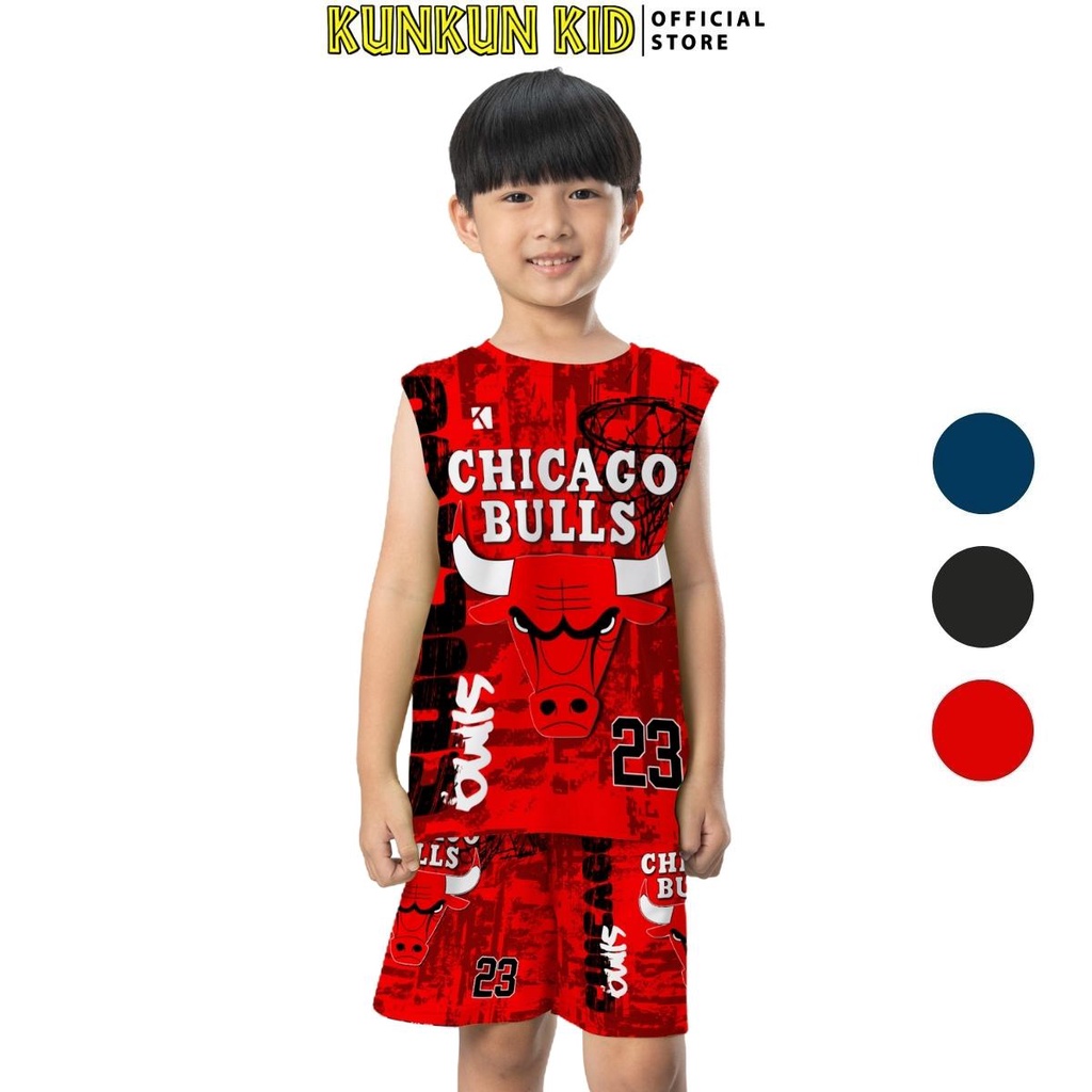 Quần áo bé trai chất Thun lạnh Kunkun Kid BR005 thiết kế thể thao in hình đội tuyển Chicago Bulls size đại 10-60kg