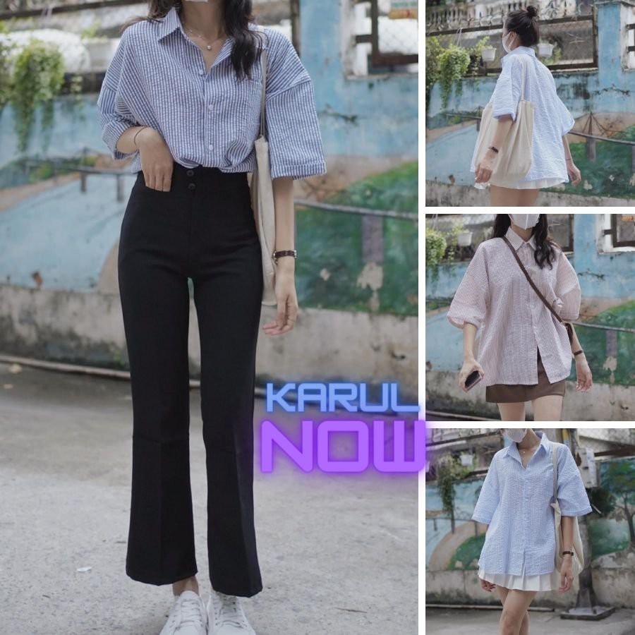 {KARUL} Sơ mi ngắn tay kẻ sọc 3 màu hothit. Sơ mi nữ chất xốp siêu mát