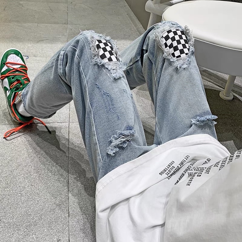Quần jean rách caro streetwear ống suông zipper Quixotic