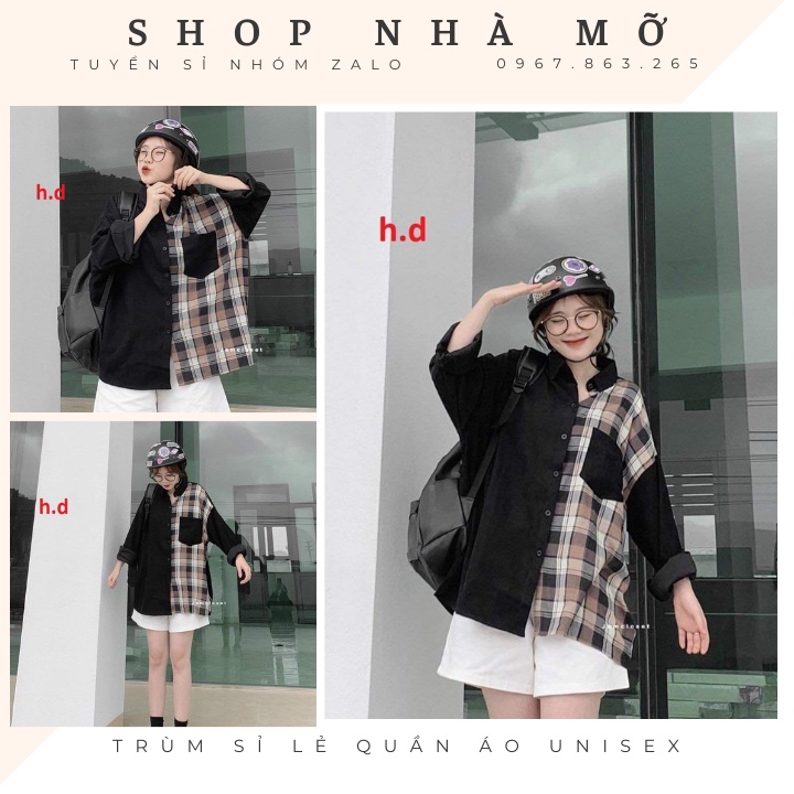 Áo sơ mi form rộng - Phối kẻ caro Unisex, Áo smi Tay lỡ có cổ trẻ trung năng động